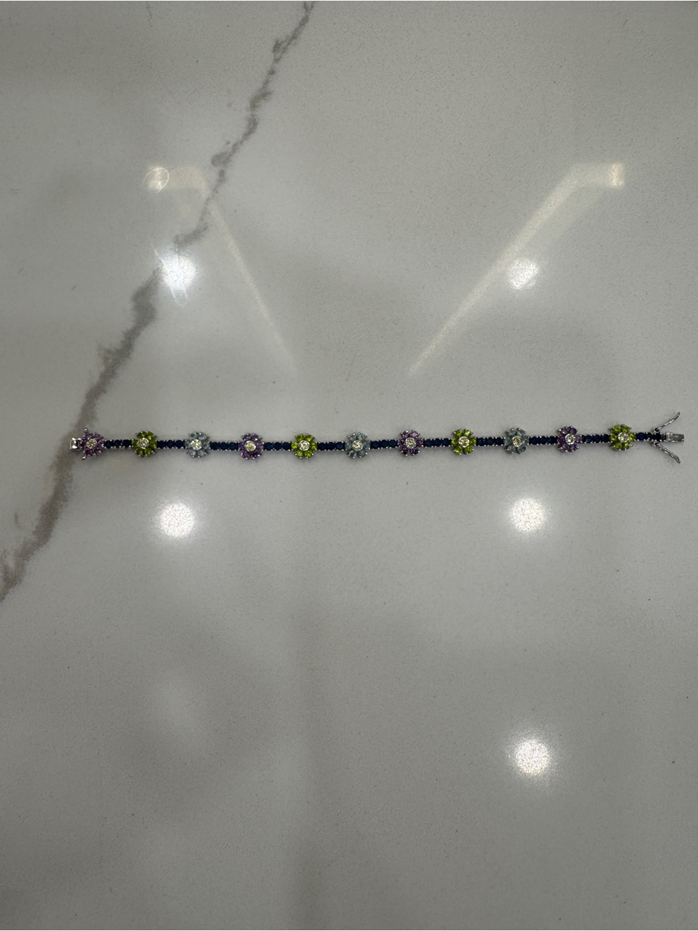 CZ Multicolor Flower rhinestone Chain Bracelet - Green, Purple, blue & silver.